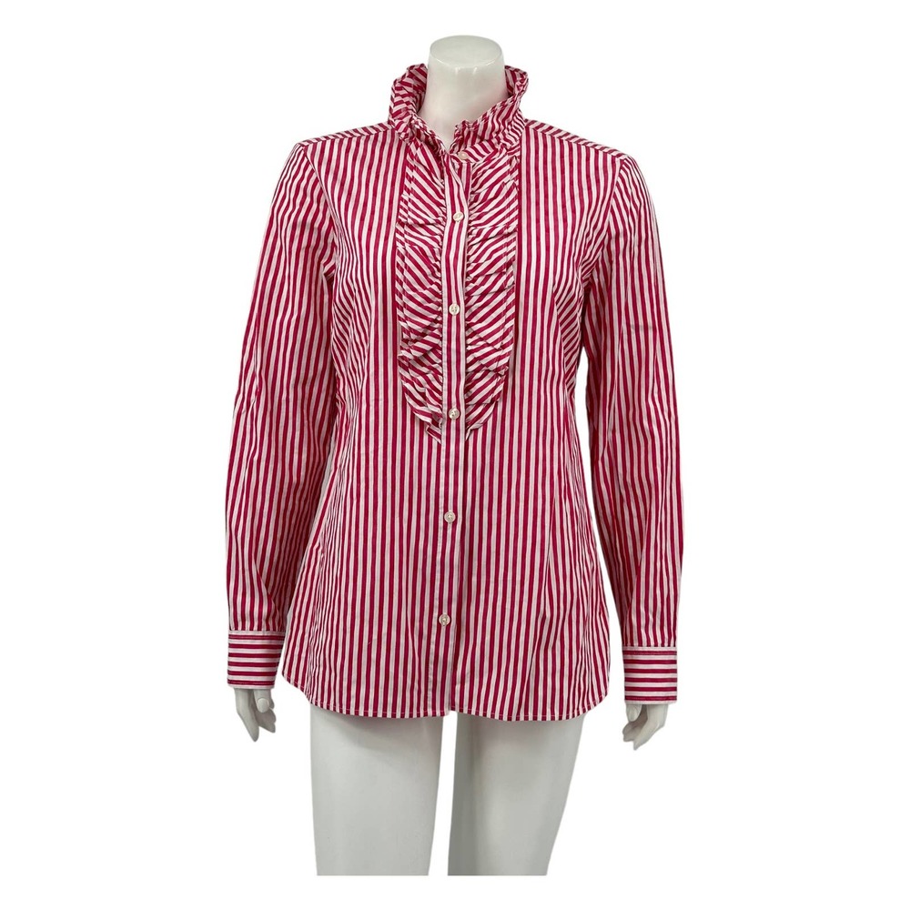 Vineyard Vines Womens Button Front Top 10 Red White Stripe 100% Cotton Ruffles